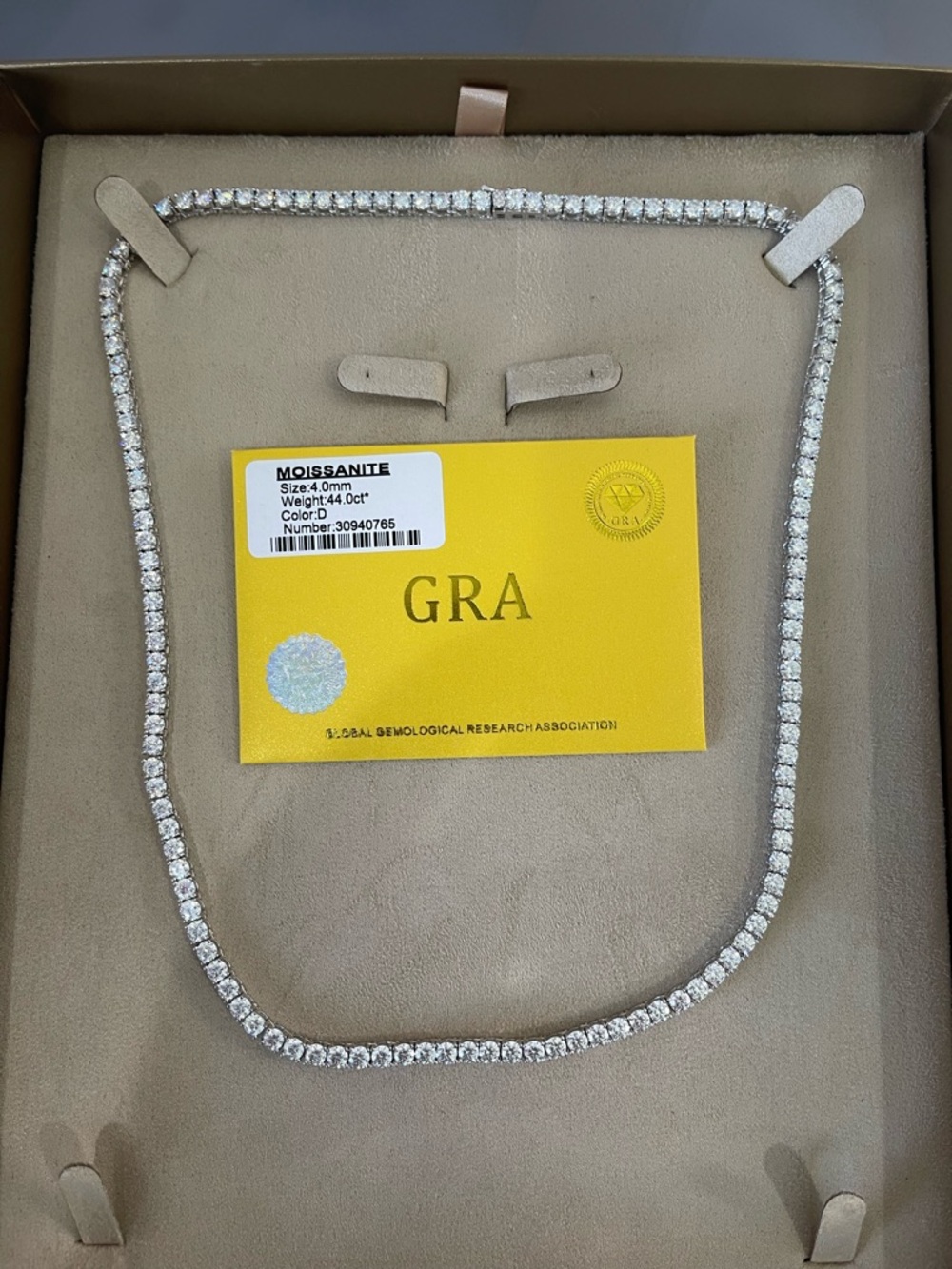 Moissanite Tennis Necklace 4.0mm 44 carats 22” chain